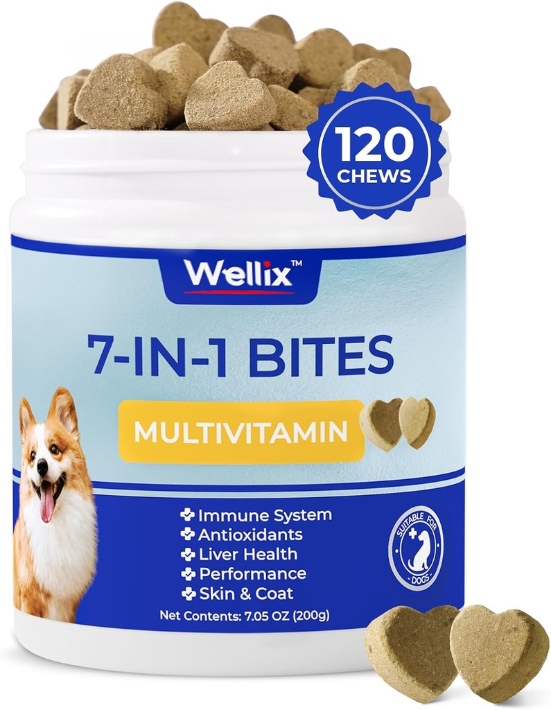 Wellix Dog Vitamins and Supplements - Multivitamin Chewable Treats for Dogs, Skin & Coat, Mobility Support, Hip & Joint Supplement, Immune System & Overall Health（120 Chews）