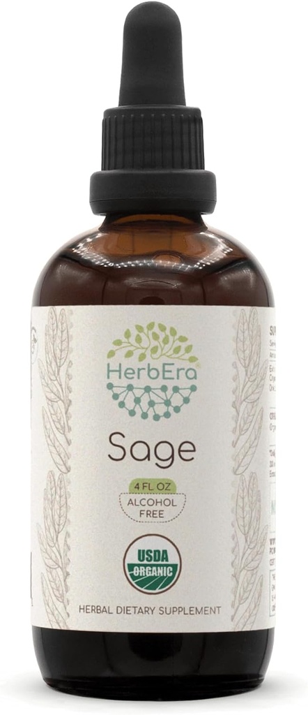 HerbEra Sage B120 USDA Organic Tincture | Alcohol-Free Extract, High-Potency Herbal Drops | Certified Organic Sage (Salvia officinalis) Dried Leaf (4 oz)