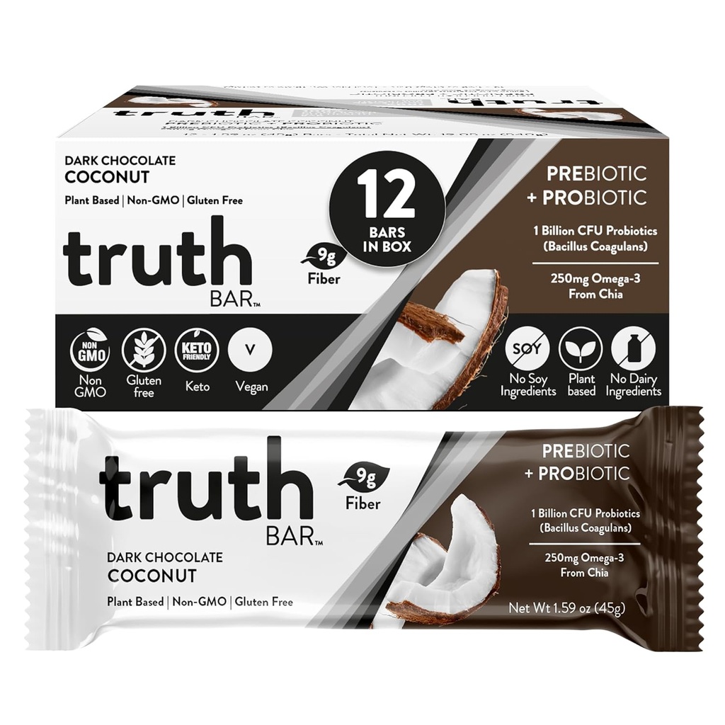 Truth Bar Healthy Snack, Omega 3 from Chia, Plant based, Prebiotics & Probiotics, High fiber, Low sugar, Keto, Kosher, Dark Chocolate, Vegan, Gluten Free, 12 Ct, 45g ea.