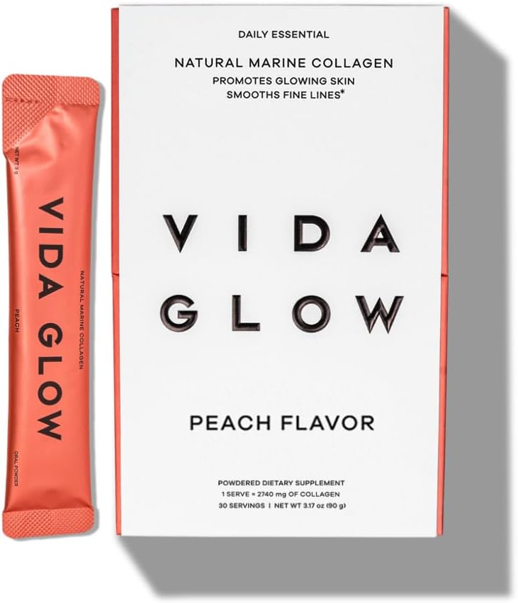 Vida Glow Marine Collagen Powder - Anti Aging Supplement with Collagen Peptides, Promotes Glowing Skin, Strong Nails, Healthy Hair | 30 Servings, Peach Flavor