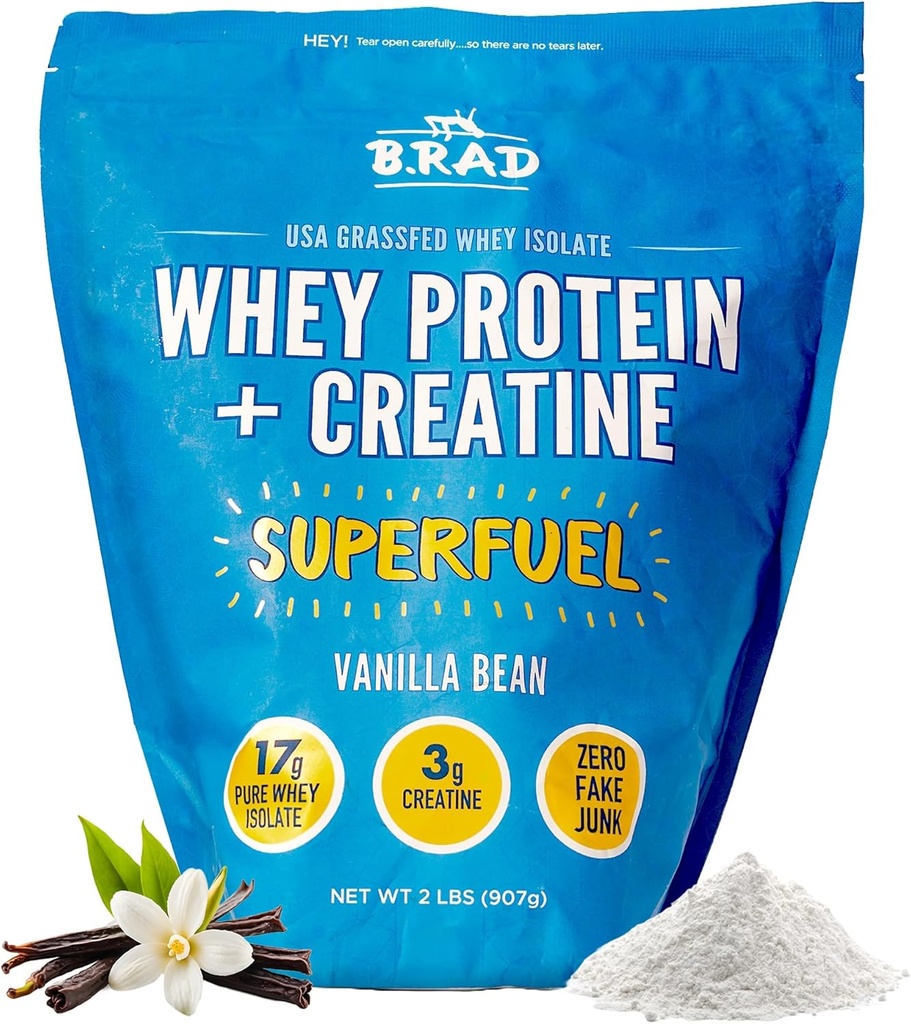 B.rad Superfuel - Grass Fed Whey Protein Isolate Boosted with Creatine | Farm-Fresh, Easy-to-Digest, Clean Ingredients | 2 Pounds | 100% USA Sourced | Vanilla Bean