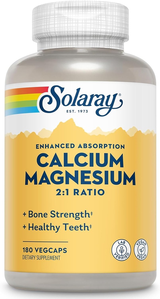 SOLARAY Calcium Magnesium Supplement, Magnesium & Calcium Supplements for Women and Men, 2:1 Ratio, Bone Health & Strength, Vegan, High Absorption, 60-Day Guarantee, 45 Servings, 180 VegCaps