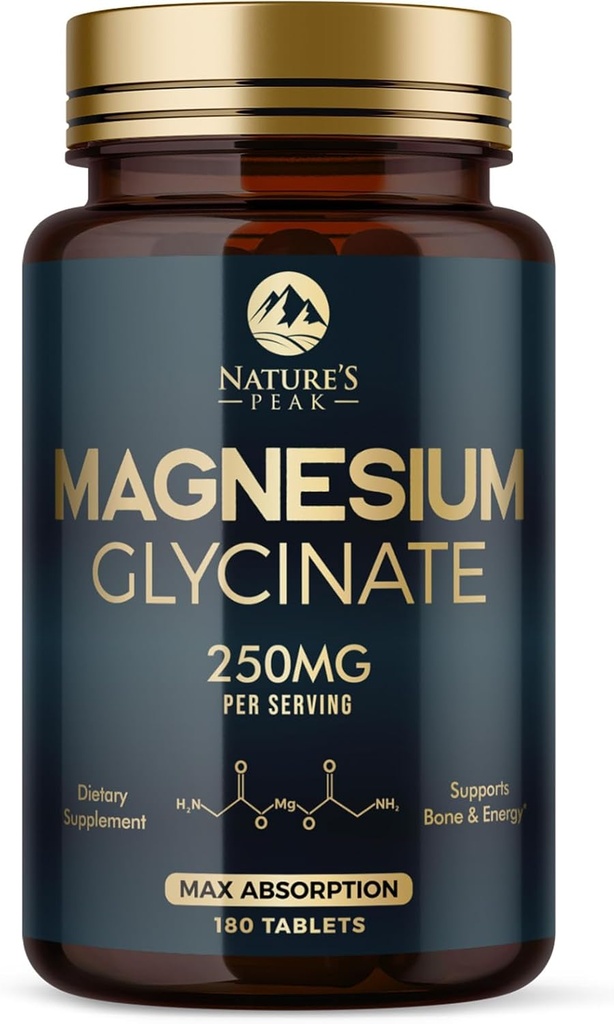 Magnesium Glycinate Chelated for Max Absorption - Supports Bone, Muscle, Nerves & Heart Health, Nature's Sleep and Stress Support, Best Magnesium Supplement Pills for Whole Body Support - 180 Tablets
