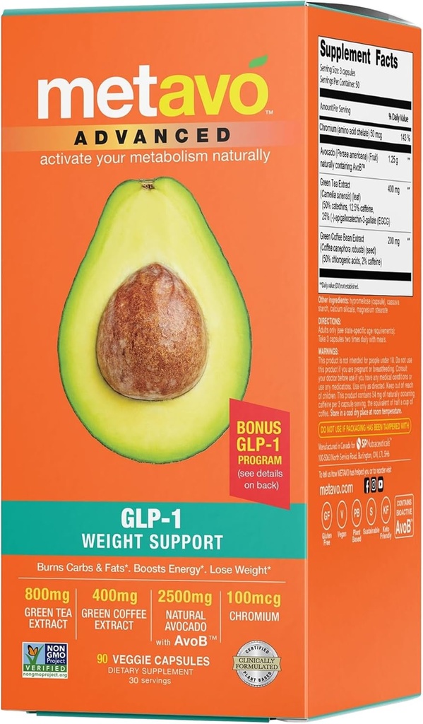 Metavo Advanced Weight Support – Natural Diet Supplements with Essential Nutrients for Promoting Wellness, Enriched with Avocados, Green Tea, Chromium & Green Coffee, 90 Easy-to-Swallow Diet Pills