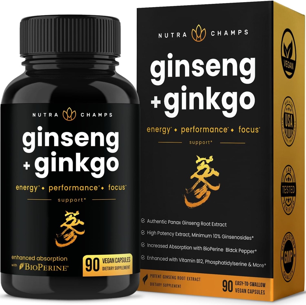NutraChamps Korean Red Panax Ginseng Capsules | Extra Strength Ginsenosides for Energy, Focus, Performance, Vitality & Immune Support | Korean Red Ginseng Root Extract (90, Premium Gold)