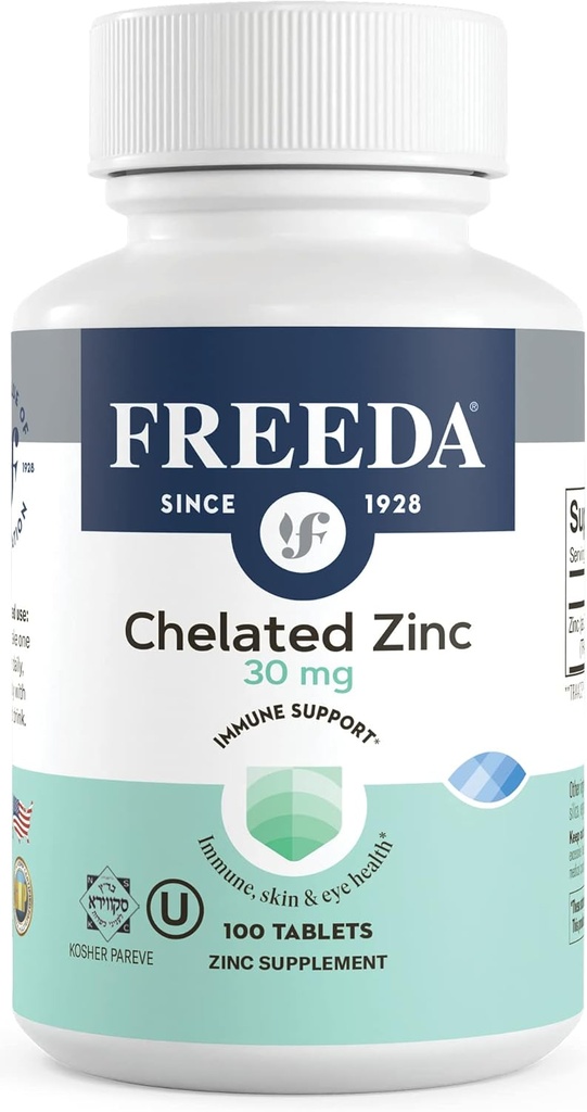 Freeda Chelated Zinc 30mg – TRAACS® Zinc Bisglycinate for High Absorption – Vegan, Kosher, Gentle on Stomach – Immune Support for Adults, Men & Women – 100 Tiny Tablets