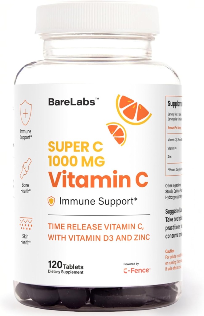 Time Release Vitamin C 1000 mg + Vitamin D3 1000 IU + Zinc 30 mg | Immune Support & Collagen Boost | Non-GMO, All-Day Antioxidant | 120 Tablets Super C