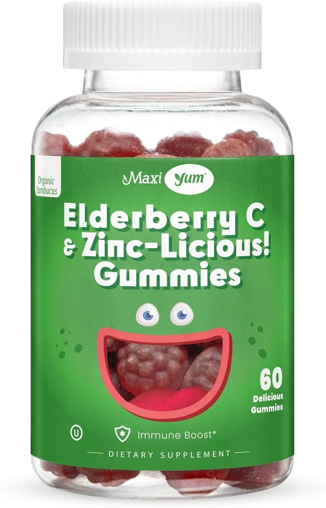 Elderberry Zinc Gummies - Organic Sambucus Elderberry Gummies with Zinc and Vitamin C - Vegan Immune Support for Adults and Kids - Chewable Elderberries Supplements for Immunity Boost - 60 Gummies
