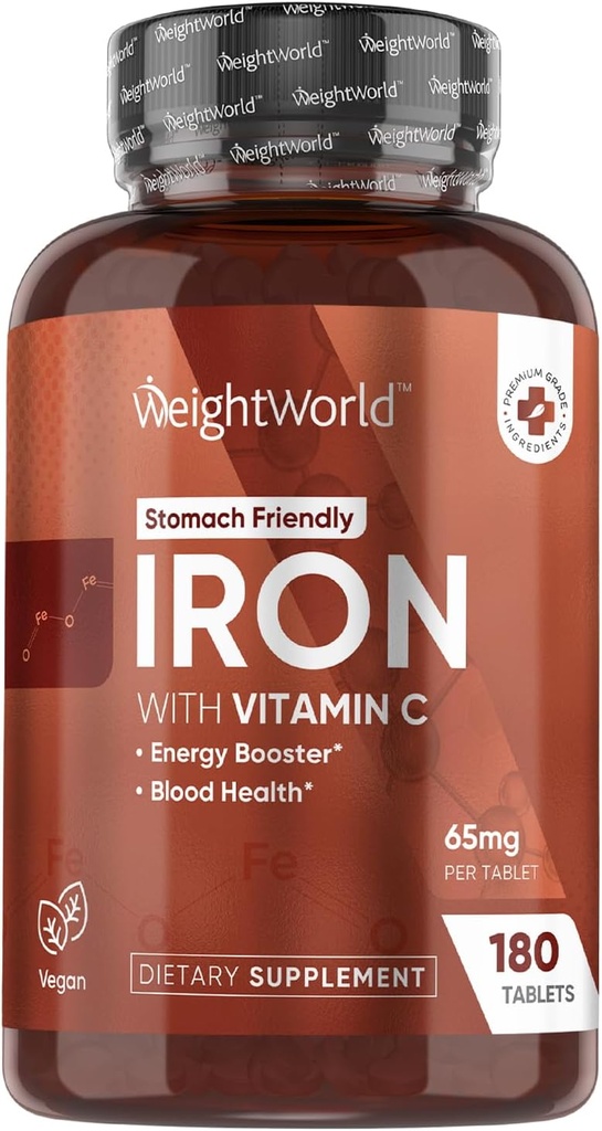 WeightWorld Iron Supplement 65mg - with Vitamin C 125mg - 180 Vegan Tablets (6 Months Supply) - Gentle Carbonyl Iron Supplement for Women & Men - Energy Booster & Blood Heath - Non-GMO & Gluten-Free