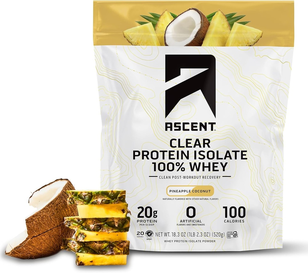 Ascent 100% Clear Whey Protein Powder - Post Workout Whey Protein Isolate, Zero Artificial Flavors & Sweeteners, Gluten Free, 5.5g BCAA, 2.1g Leucine, Essential Amino Acids, Pineapple Coconut, 20 Serv