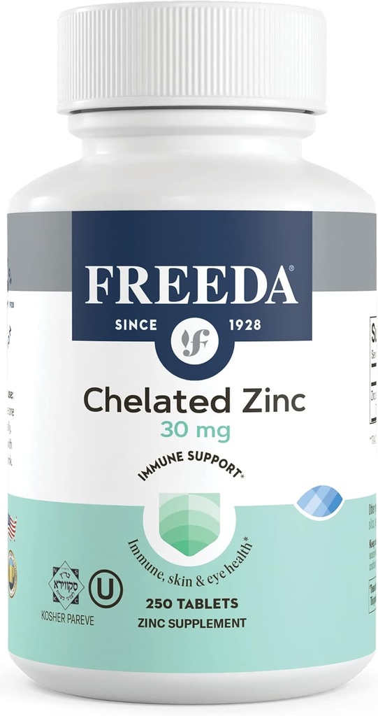 Freeda Chelated Zinc 30mg – TRAACS® Zinc Bisglycinate for High Absorption – Vegan, Kosher, Gentle on Stomach – Immune Support for Adults, Men & Women – 250 Tiny Tablets