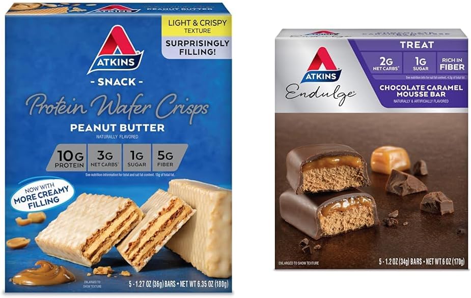 Atkins Peanut Butter Protein Wafer Crisps 5 Count and Chocolate Caramel Mousse Bars 5 Count Bundle