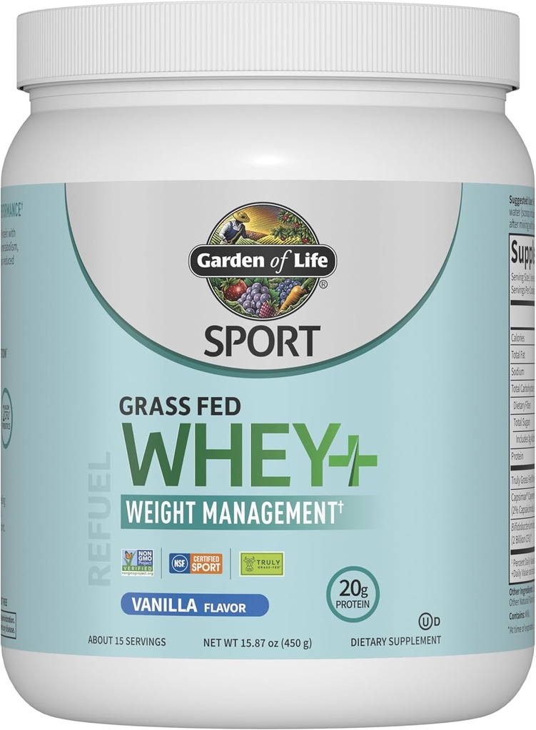 Garden of Life Sport Whey Plus Weight Management with Amino Energy - 20g of Grass Fed Protein Isolate for Women and Men - Vanilla Powder - with Capsimax, 2 Billion CFU Probiotics, About 15 Servings