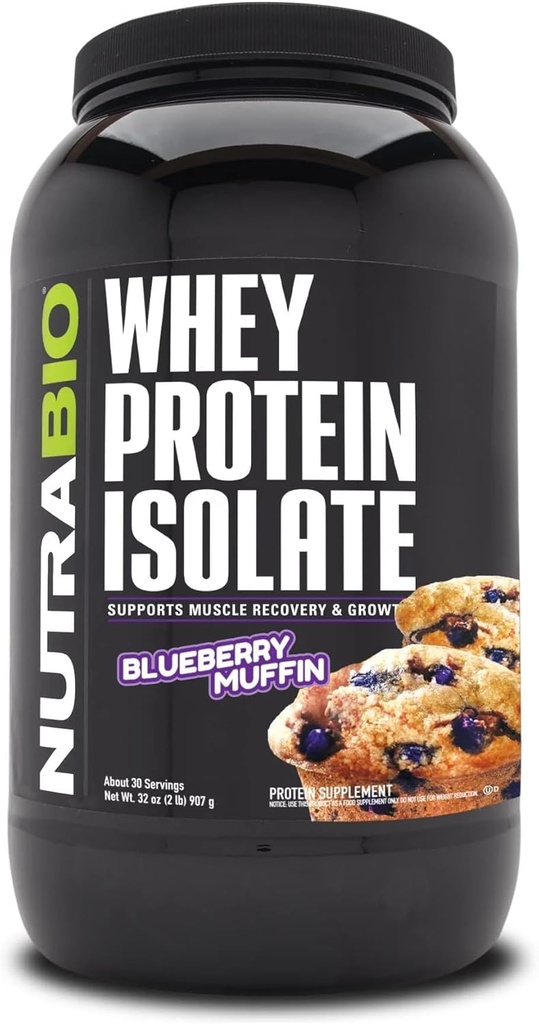 NutraBio 100% Whey Protein Isolate Protein Powder, 25g Protein with Complete Amino Acid Profile, Non-GMO, Soy & Gluten Free, Low Carb, Low Calorie Whey Protein Powder, Blueberry Muffin, 2 Lbs