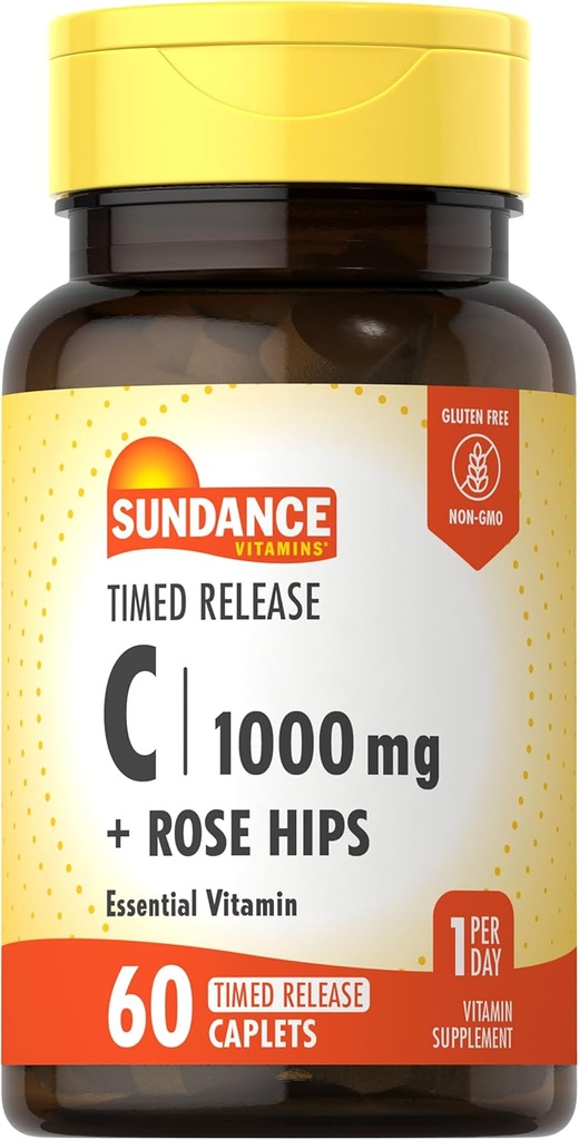 Sundance Vitamin C 1000mg with Rose Hips | 60 Coated Caplets | Timed Release | Vegetarian, Non-GMO, and Gluten Free Supplement