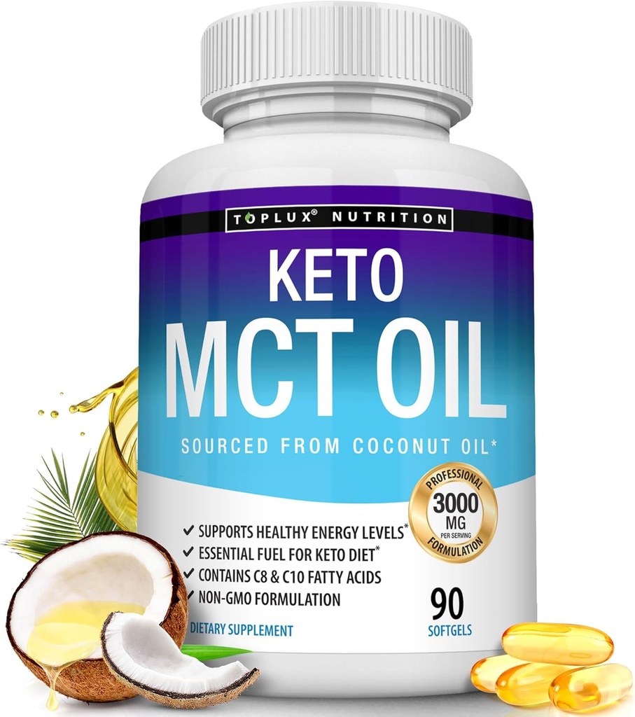 Toplux Keto MCT Oil Capsules - 3000mg Natural Pure Coconut Oil Extract Pills, Source of Energy, Easy to Digest for Men Women, 90 Softgels, Supplement