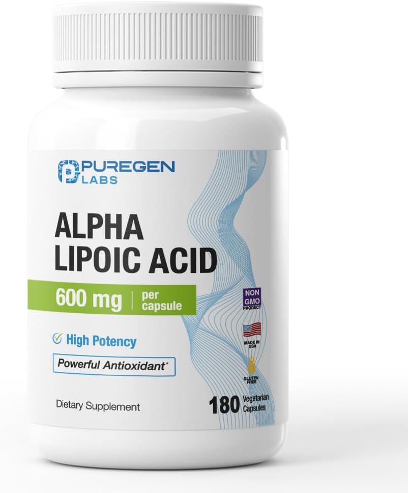 Puregen Labs Alpha Lipoic Acid 600mg [High Potency] 180 Servings - Antioxidant Support | No Harmful Additives | Non-GMO, NO Gluten and Dairy, 600 mg per Veggie Capsule - Made in USA
