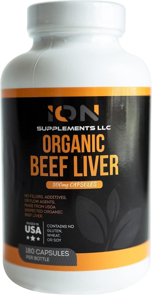 100% Organic Grass Fed Beef Liver Capsules (180 Caps) - Pasture-Raised - Iron, Vitamin A, B, Collagen - Promotes Energy, Detoxification, Whole Body Wellness - Ancestral Paleo Living - Ion Supplements