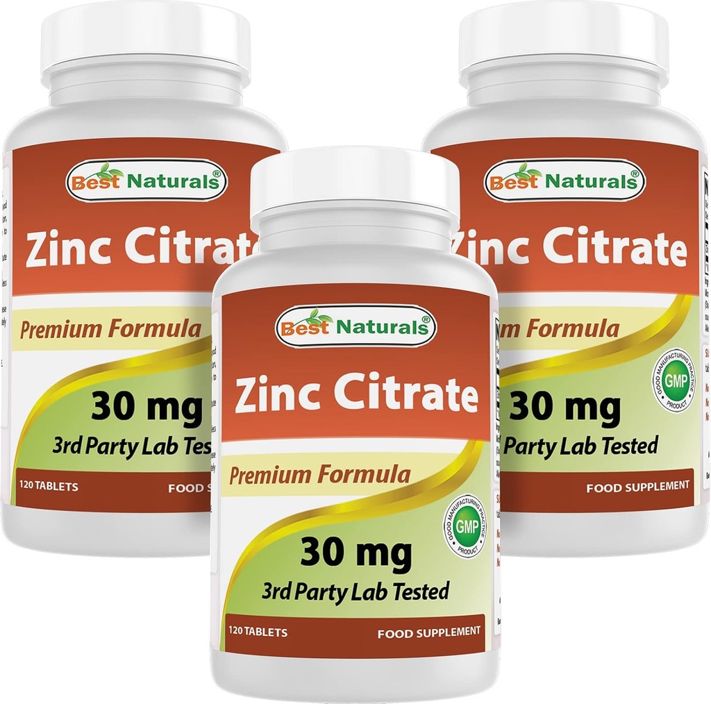 Best Naturals Zinc 30mg Supplements (as Zinc Citrate) - zinc Vitamins for Adults Immune Support - 120 Tablets (120 Count (Pack of 3))