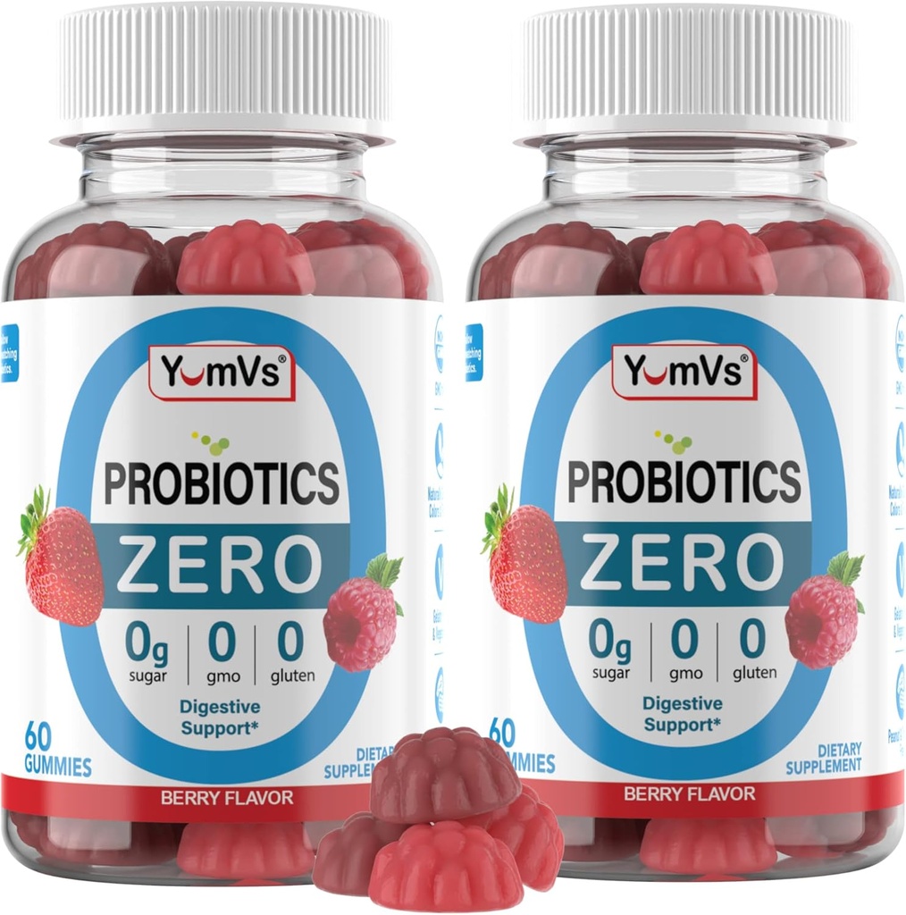 YUM-V'S - Zero Sugar Probiotic Gummies for Digestive Health - Sugar Free Probiotics for Women, Men & Kids - Gut Health Probiotic Gummies for Adults & Kids (60 Count (Pack of 2))