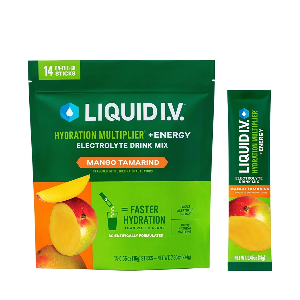 Liquid I.V.® Hydration Multiplier® +Energy - Mango Tamarind - Hydration Powder Packets | Electrolyte Powder Drink Mix | Convenient Single-Serving Sticks | Non-GMO | 14 Servings (Pack of 12)