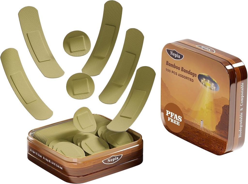 Nepia Hypoallergenic Bamboo Fabric Assorted Shapes Bandages | PFAS Free & Latex Free | Eco-Friendly Compostable Bandaids for Sensitive Skin & Scrapes | Flexible Fabric Family Pack (100 Count)