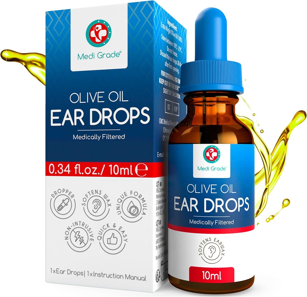 Medi Grade Olive Oil Ear Drops for Wax Removal and Blocked Ears, 10ml - 100% Natural Ear Wax Removal Drops with Pipette Dropper Softens and Removes Hardened Earwax Buildup - Advanced Ear Wax Drops