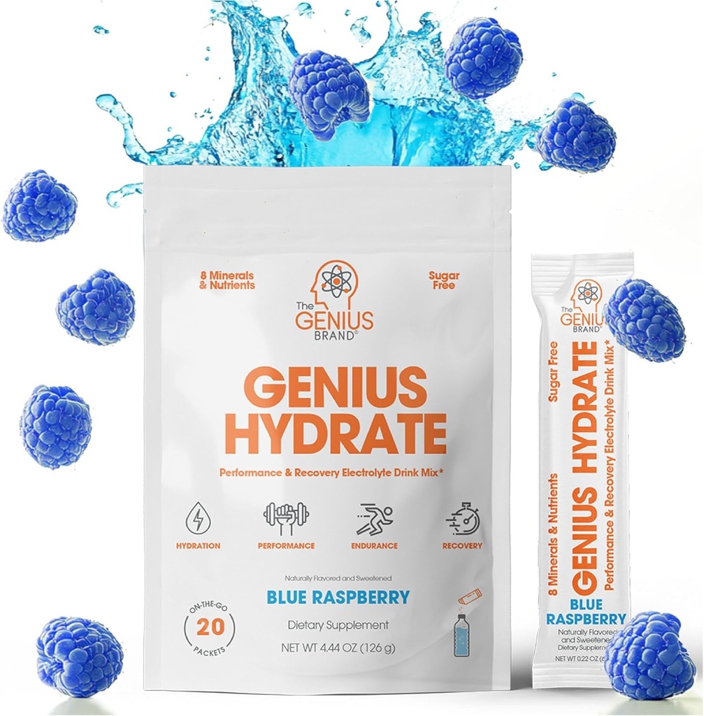 The Genius Brand - Genius Hydrate Stick Pack Powder Drink Mix – Blue Raspberry Flavor, Natural Electrolyte Booster with Coconut Water & Potassium for Ultimate Hydration - 20 Packets