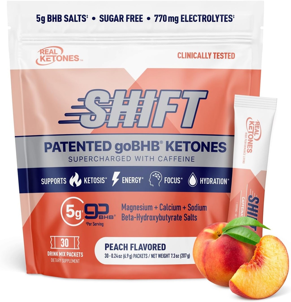 Real Ketones BHB Exogenous Ketones Drink Mix Packets Keto Electrolytes Powder Packets No Sugar with 4 Main Fasting Electrolytes Plus Hydrating Patented Keto BHB - 30 Count Peach Caffeine