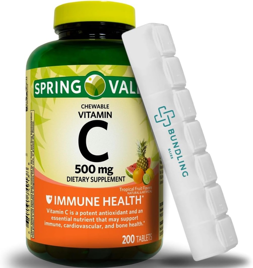Vitamin C 500mg, Chewable Tablets, Dietary Supplement, 200 Count (Includes Bonus Pill Organizer) - 1 Pack