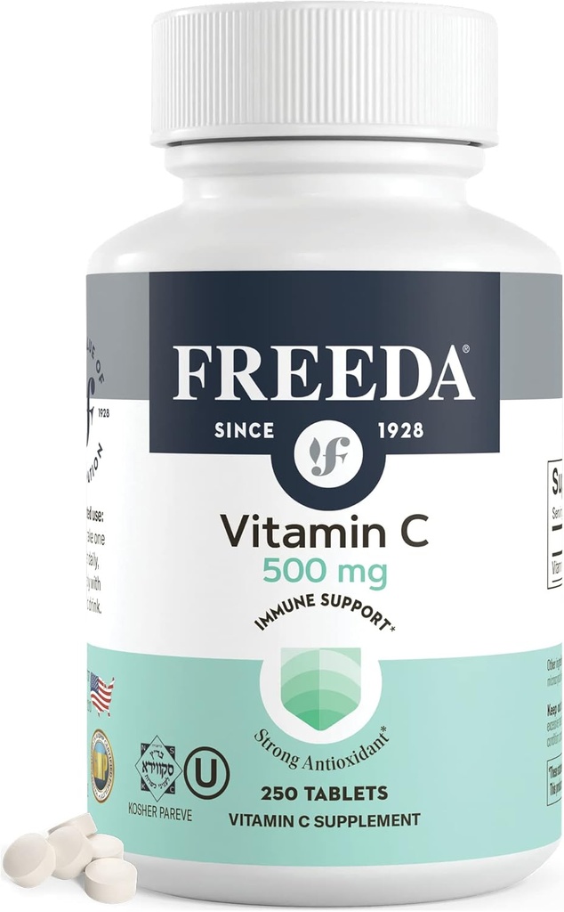 FREEDA Vegan Vitamin C 500mg – Kosher Immune Support & Antioxidant – Helps Maintain Healthy Skin & Hair, Supports Iron Absorption – No Gluten, No Lactose, No Artificial Flavor or Color – 250 Tablets