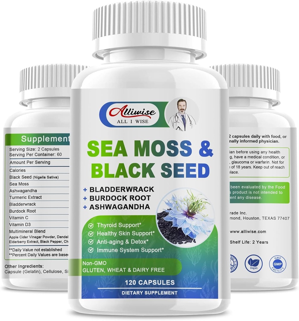 Sea Moss & Black Seed Oil Capsules, Irish Sea Moss Supplement with Burdock Root & Bladderwrack for Thyroid Support, Blend Multivitamins for High Absorption, Immune System Support, Skin Health