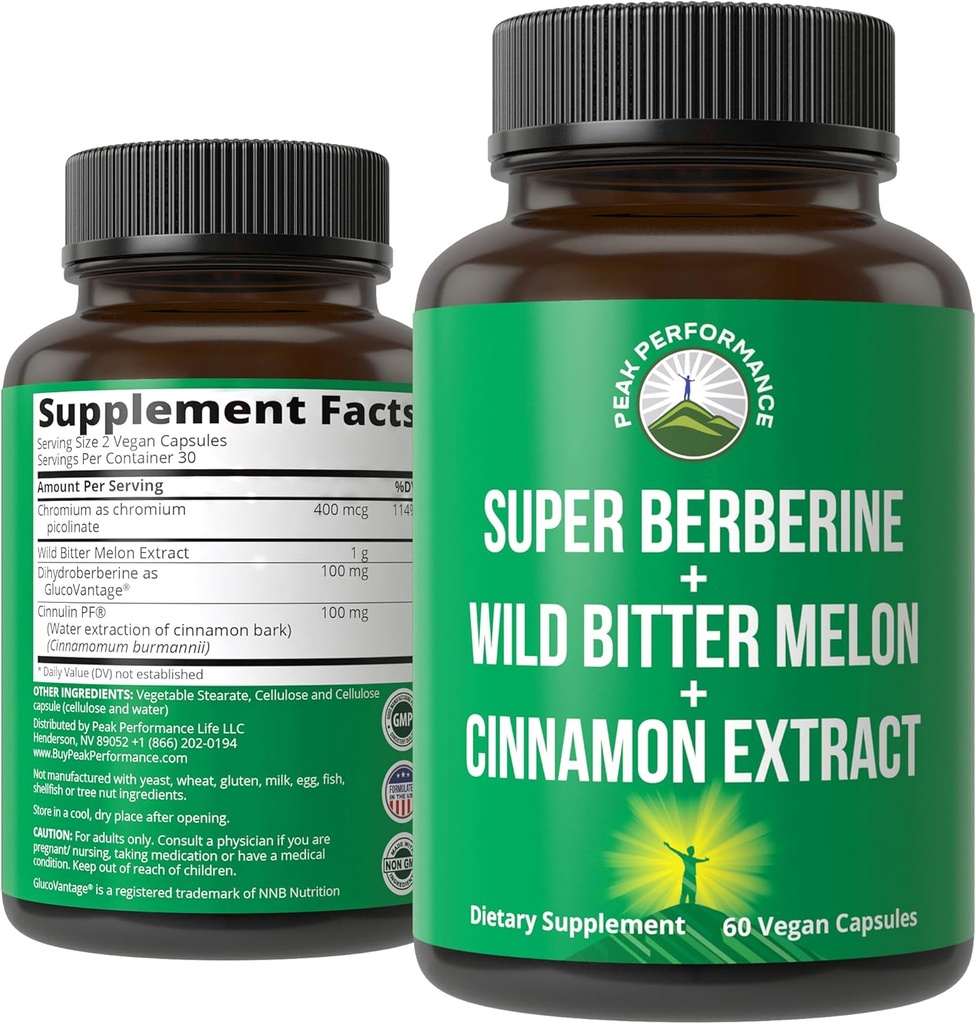 Ultra High Strength 4-In-1 Super Berberine Patented GlucoVantage + Wild Bitter Melon + Cinnamon Extract + Chromium Picolinate Vegan Capsules. Great Supplement to Support After-Meal Spikes and Energy