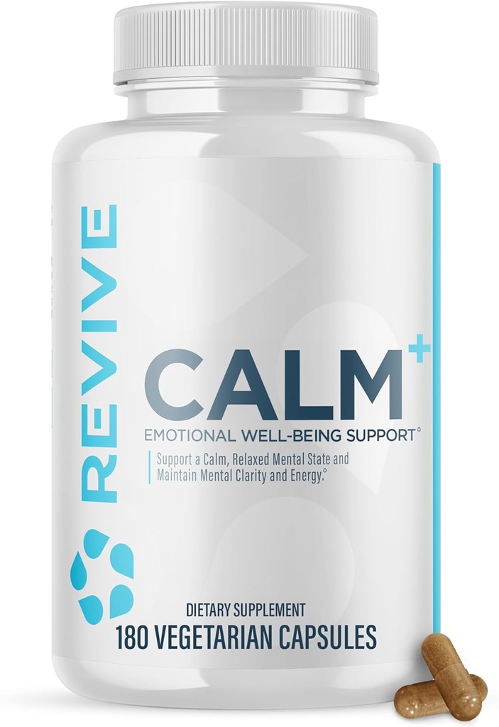 Revive MD Calm, Emotional Well-Being Support Supplement - Stress Management for Men & Women - Mood Enhancement Supplement Promotes Relaxation with L-Theanine, GABA & 5-HTP (180 Capsules, 30 Servings)