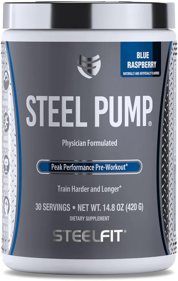 SteelFit Steel Pump | Advanced Pre Workout Powder & Nitric Oxide Supplement | Blue Raspberry, 30 Servings | for Muscle Building & Recovery | Made with Peak ATP, Ashwagandha, & Electrolytes