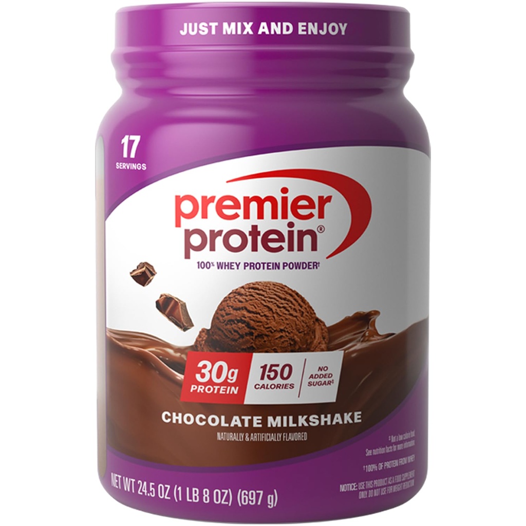 Premier Protein Powder, Chocolate Milkshake, 30g Protein, No Added Sugar, 100% Whey Protein, Keto Friendly, Soy & Gluten Free, 24.5 oz (17 Servings)