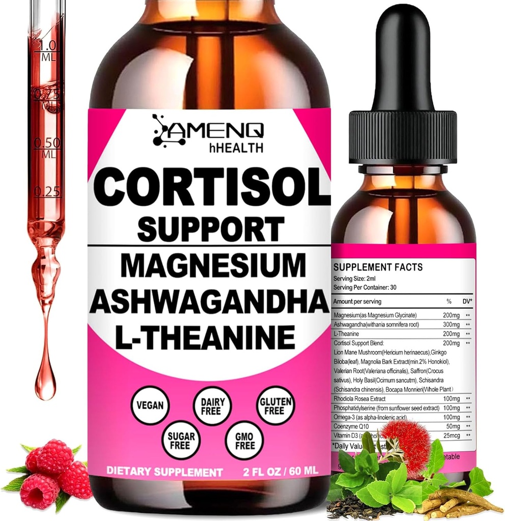 Cortisol Supplement Liquid Drops, 17-in-1 Cortisol Reducer w. Ksm-66 Ashwagandha Theanine Rhodiola Rosea Magnesium Phosphatidylserine, Hormone Balanced & Lower Cortisol for Women Calm* Relaxation