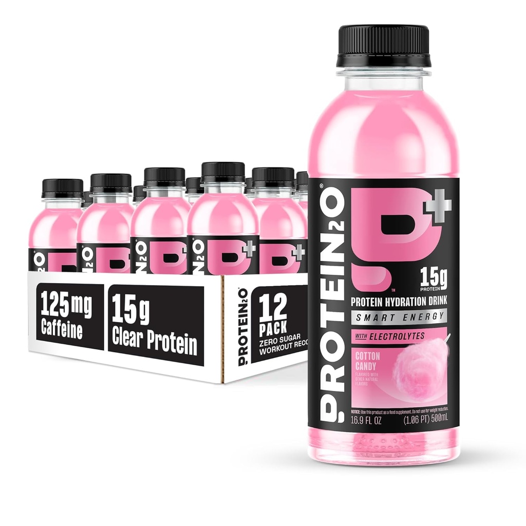 Protein2o 15g Whey Protein Isolate Hydration Drink Plus Energy & Focus, 350mg of Electrolytes, Vitamins B5 & B6, Sugar Free, Cotton Candy, 16.9 oz Bottle (Pack of 12)