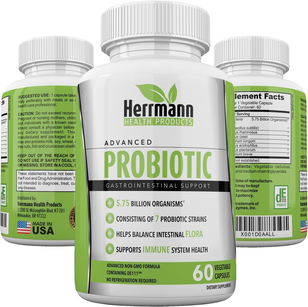 Probiotics by Herrmann Health Products | Probiotic for Men and Women | High Potency 7 Strain Formula | 5.75 Billion Organisms per Capsule | Non-GMO Consisting of DE111™ | GMP Certified 60 Capsules