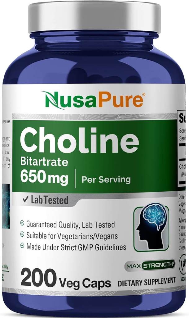 NusaPure Choline Bitartrate 650 mg 200 Veggie Capsules (Vegetarian, Non-GMO, Vegan)