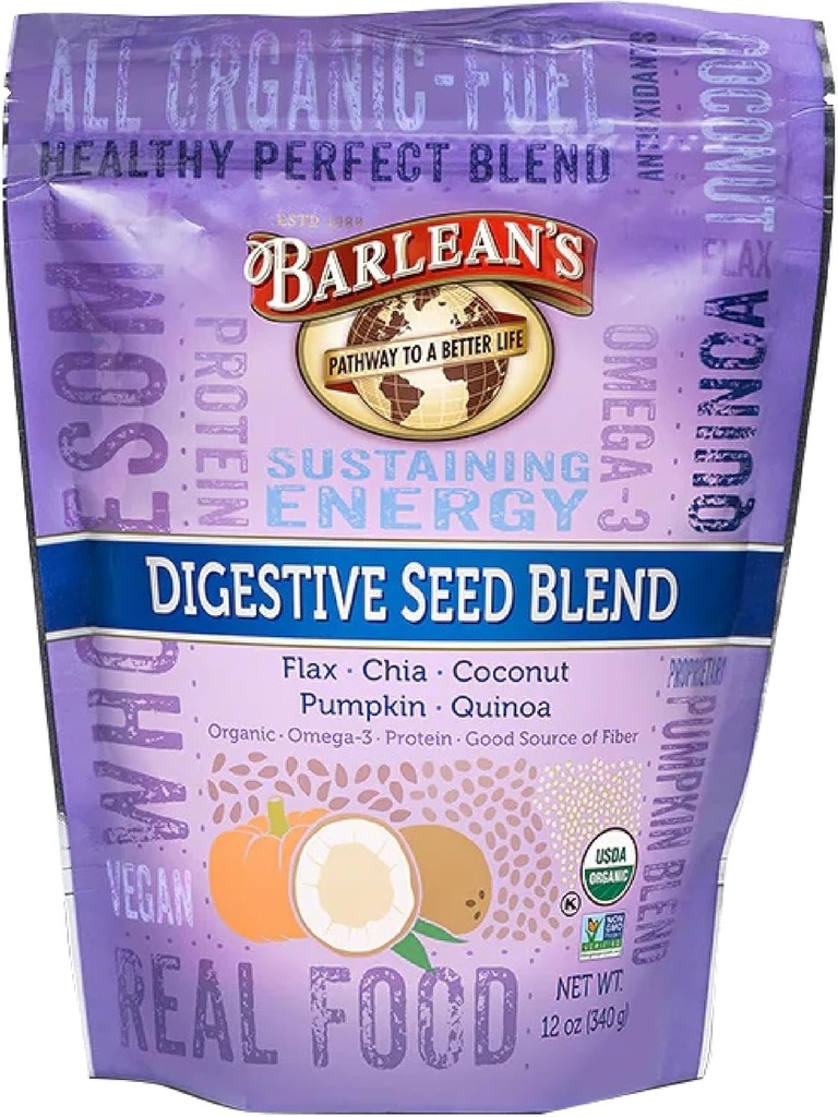 Barlean's Organic Digestive Seed Blend Fiber Supplement with Whole Chia, Ground Flax and Pumpkin Seeds, Quinoa, and Coconut, Rich in Omega 3 and Dietary Fiber, 12 oz