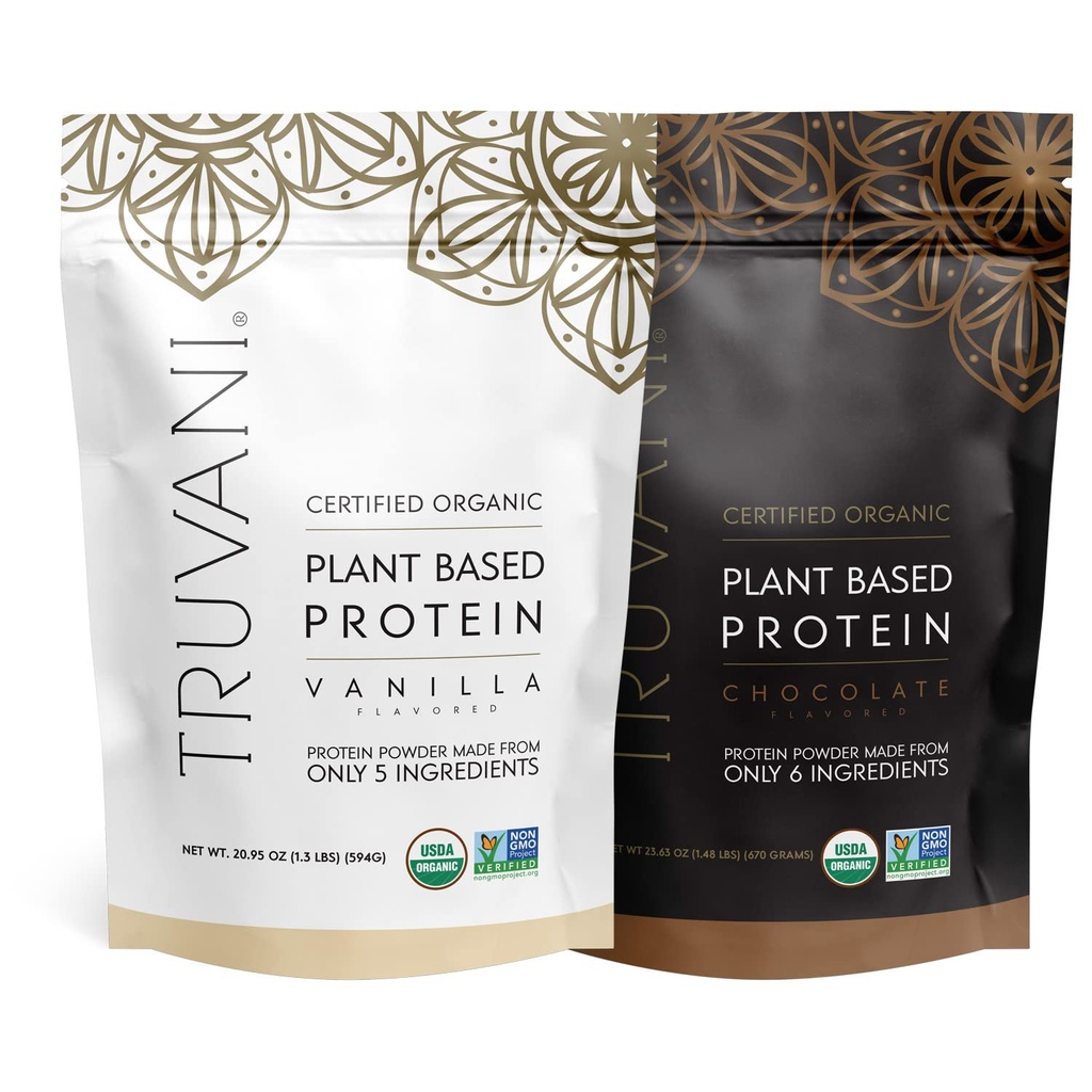 Truvani Plant Based Protein Powder - USDA Certified Organic, Vegan, Non-GMO, Dairy Free, Soy Free, & Gluten Free - 2 Packs of 20 Servings Each (Chocolate & Vanilla)