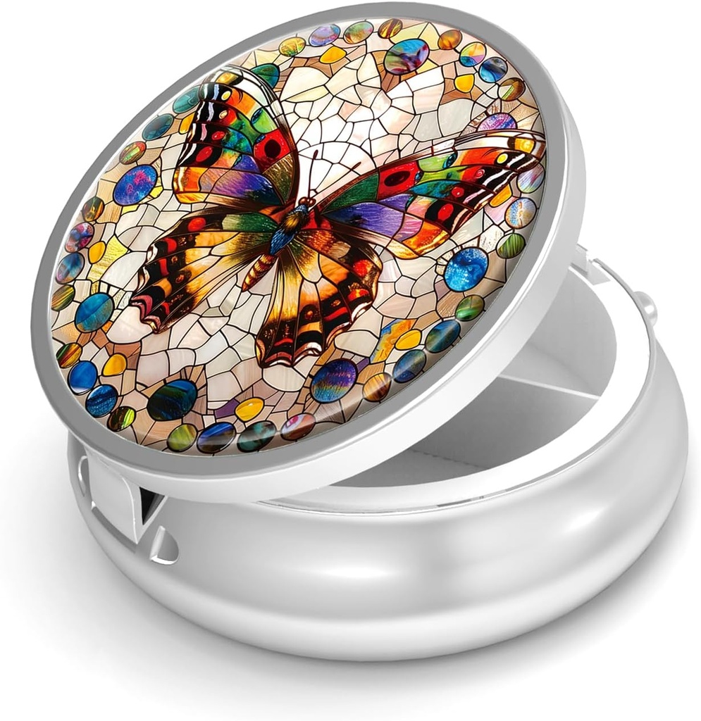 Pill Box-3 Compartment Small Pill Case for Purse & Pocket Mini Metal Pill Holder Travel Pill Container to Hold Supplements Vitamins BPA-Free (Gemstone Butterfly)