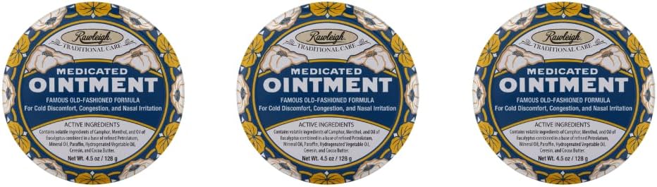 Rawleigh Medicated Ointment: 4.5 oz Blue Tin, Topical Chest Rub for Cold, Nasal Congestion, Minor Aches and Pain, with Camphor, Menthol & Eucalyptus, Non-Greasy Formula - Pack of 3