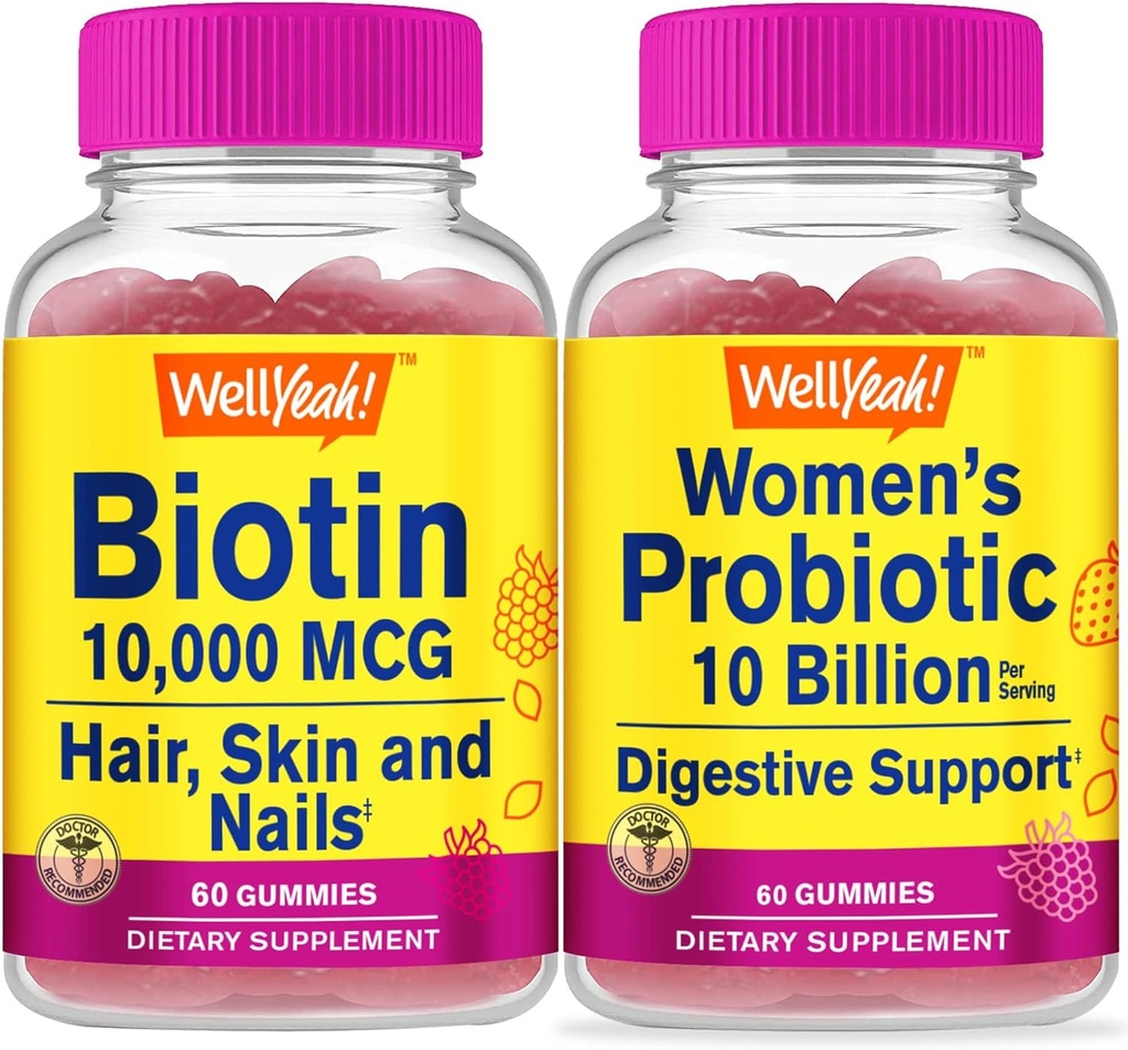 WellYeah High Potency Biotin + Probiotics Women 10B CFU, Gummies Bundle - Great Tasting, Vitamin Supplement, Gluten Free, GMO Free, Chewable Gummy