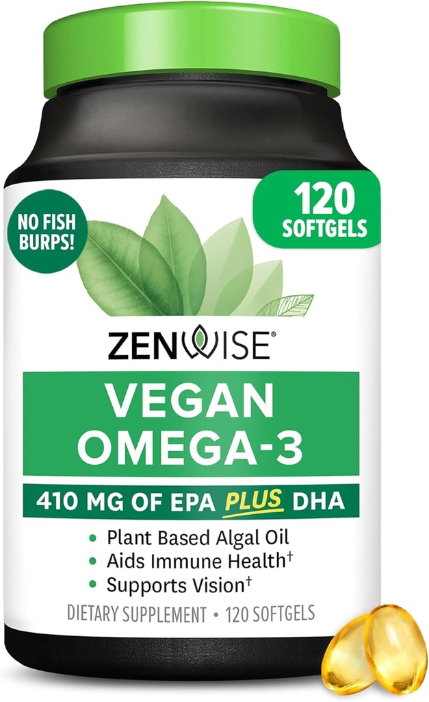 Zenwise Health Vegan Omega 3 Supplement - Burpless Omega 3 Supplement with DHA, EPA & DPA Fatty Acids for Immune Health - Fish Oil Alternative from Sustainably Sourced Marine Algae Oil - 120 Softgels