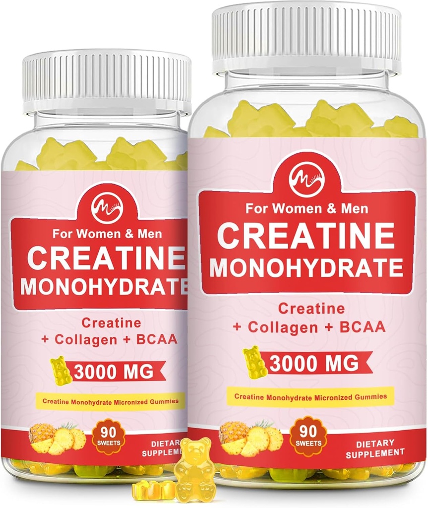 (2 Pack) Creatine Monohydrate Gummy, Sugar Free Chewable Creatine Supplements for Men & Women, Creatine Gummy Gains for Building Muscle, Energy, Pre Workout, Pineapple Flavored