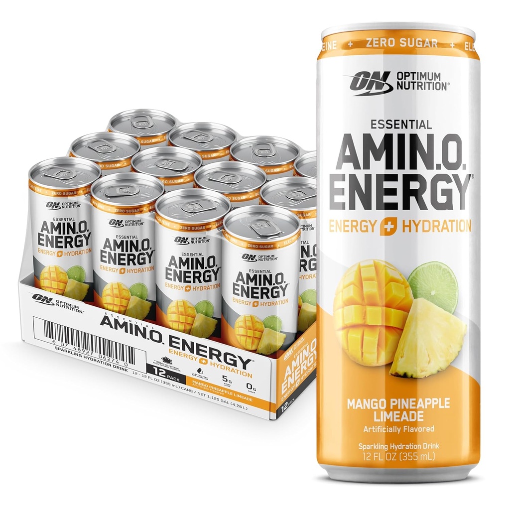 Optimum Nutrition Amino Energy Sparkling Hydration Drink, Electrolytes, Caffeine, Amino Acids, BCAAs, Sugar Free, Mango Pineapple Limeade, 12 Fl Oz, 12 Pack (Packaging May Vary)