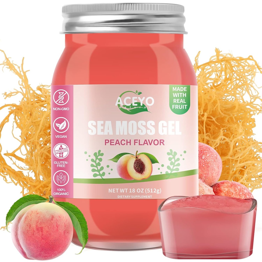 ACEYO (18 OZ) Irish Sea Moss Gel Organic Raw Vegan Peach Flavor 102 Vitamins and Minerals Wild Harvested Non-GMO Immune Defense Booster Thyroid Digestive Support