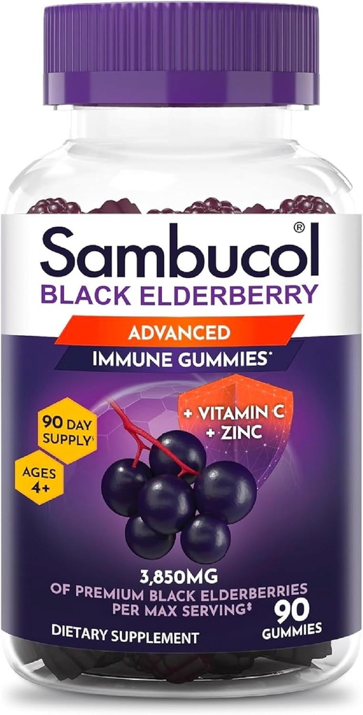 Sambucol Elderberry Gummies for Adults with Vitamin C; Zinc; Sambucus Elderberry Gummies for Immune Support with High Antioxidants; Gluten Free; Vegan; 1 Gummy Per Serving; 90 Count (90 Day Supply)